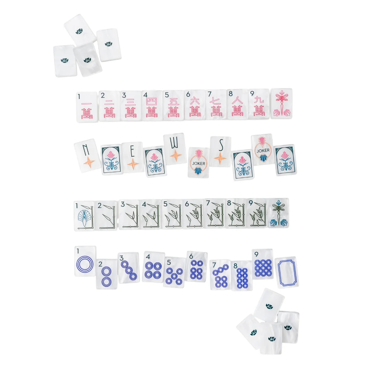 The Mahjong House Mother of Pearl Deco mahjong tiles arranged by suit on a white background.