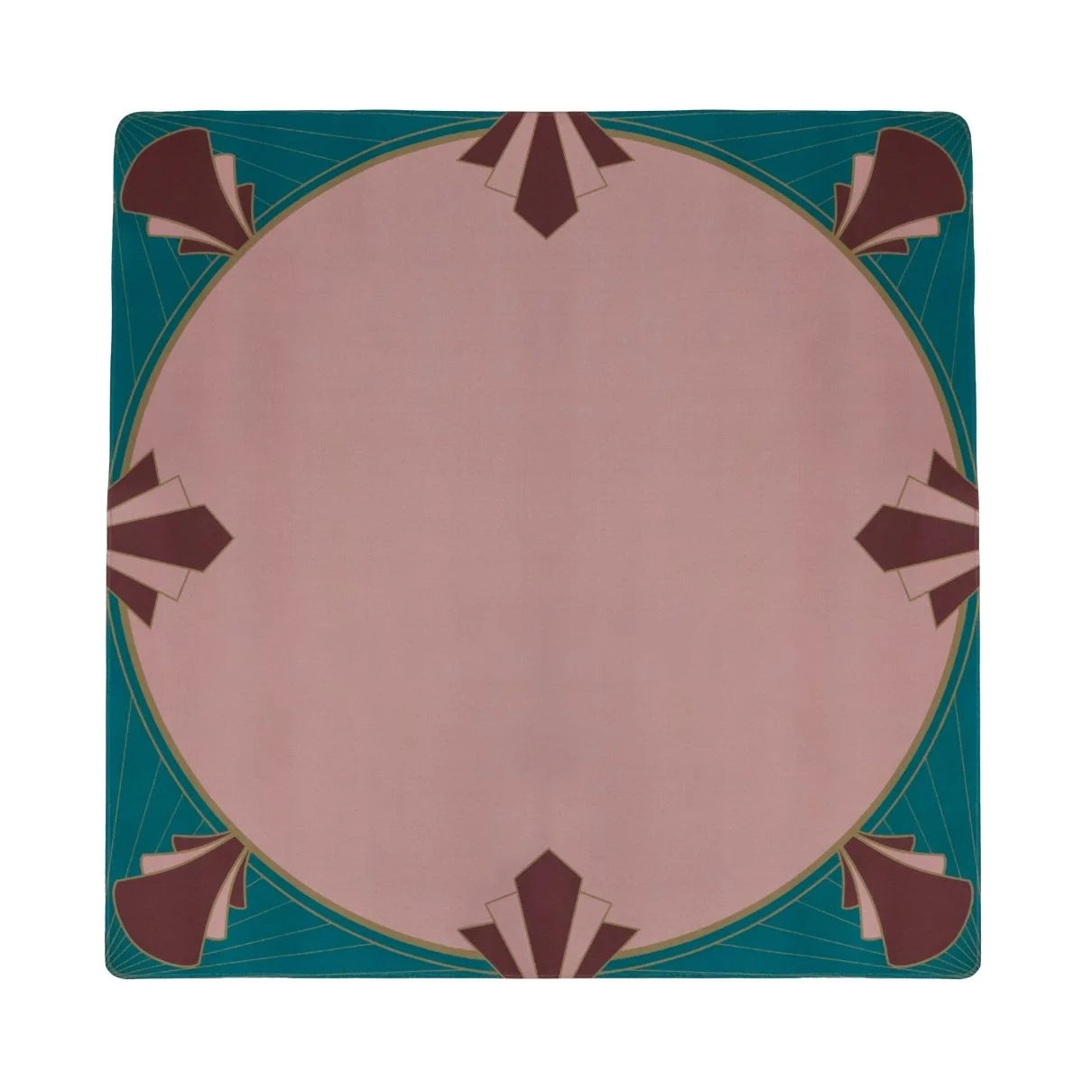 Deco Circle mahjong mat with a dusty pink circular center, teal border, and burgundy Art Deco fan motifs.