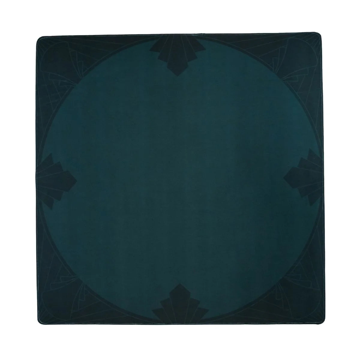 Reverse of the Deco Circle mahjong mat with a teal circular center and dark Art Deco border motifs.