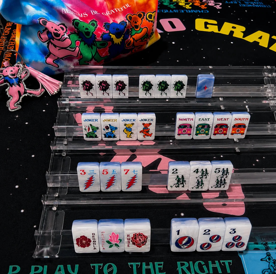 Bespoke Mahjong x Grateful Dead - Stealie Blue Tiles in Tie Dye Pearl